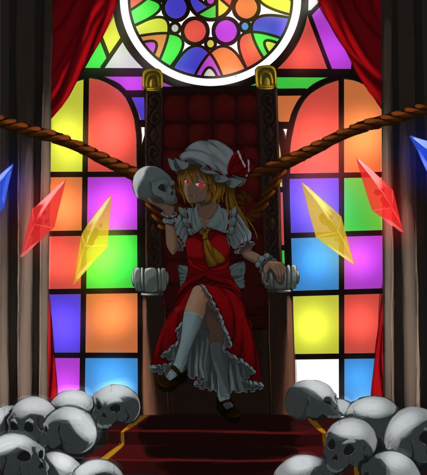 1girl blonde_hair crossed_legs curtains deadrising0630 fang_out flandre_scarlet frilled_skirt frills hat hat_ribbon highres mob_cap puffy_short_sleeves puffy_sleeves red_eyes ribbon short_hair short_sleeves side_ponytail sitting skirt skull smile throne touhou window wings