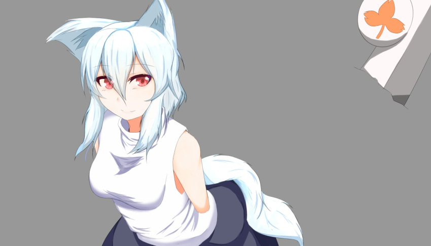 1girl animal_ears arms_behind_back bare_shoulders breasts grey_background highres inubashiri_momiji looking_at_viewer pom_pom_(clothes) red_eyes shield shirt short_hair silver_hair simple_background skirt smile solo sword tail touhou weapon white_shirt wolf_ears wolf_tail
