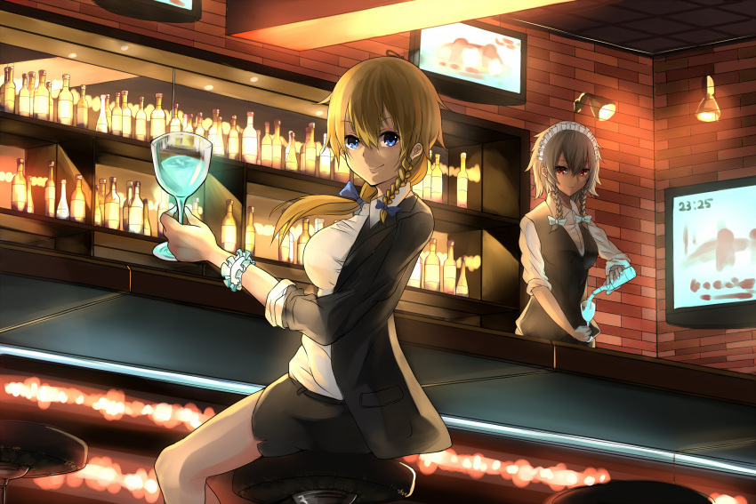 2girls alcohol alternate_costume alternate_eye_color alternate_hairstyle bar bar_stool bartender blonde_hair blue_eyes bottle bow braid breasts brick_wall cocktail cocktail_glass contemporary expressionless hair_bow highres lights looking_at_viewer maid_headdress miniskirt mrakira multiple_girls open_clothes open_jacket ponytail pouring red_eyes shelf short_hair silver_hair single_braid sitting skirt sleeves_rolled_up smile television_screen touhou twin_braids vest