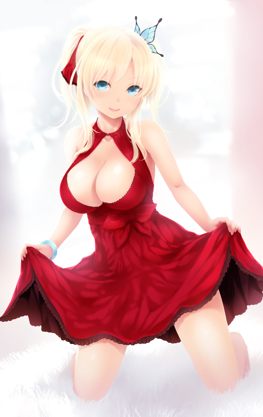 1girl absurdres bare_shoulders blonde_hair blue_eyes blush boku_wa_tomodachi_ga_sukunai breasts butterfly_hair_ornament cait cleavage dress fang hair_ornament hair_ribbon highres kashiwazaki_sena large_breasts looking_at_viewer ponytail ribbon smile solo