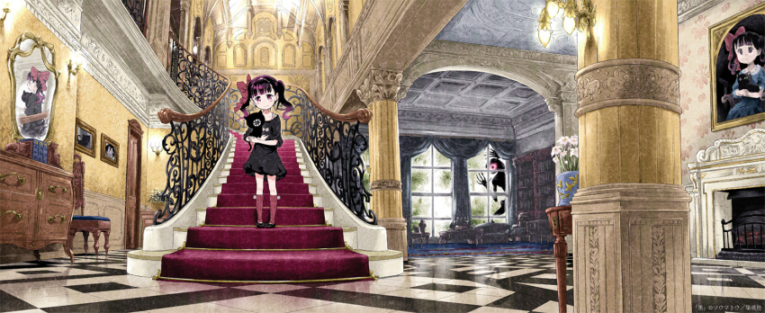 1girl bangs black_dress bow chair checkered checkered_floor child cyclops dress fireplace flower hair_bow house indoors kneehighs mirror one-eyed original painting_(object) pillar purple_hair smile soumatou_(mayoibashi) stairs twintails vase violet_eyes window