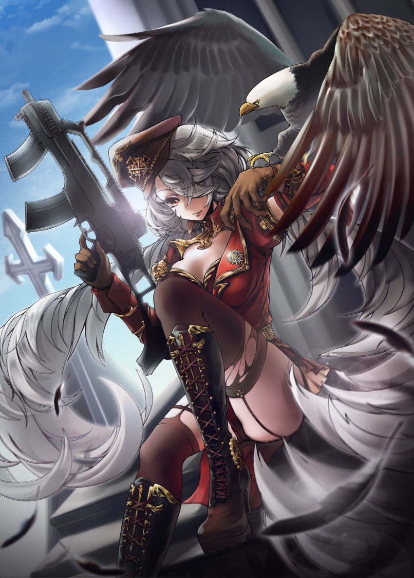 1girl absurdres assault_rifle bald_eagle bird black_legwear boots breasts cleavage eagle g36 g36c garter_straps gloves grey_hair gun hair_over_one_eye hat highres iron_cross long_hair medal panties peaked_cap red_eyes red_panties rifle sunday_haruko thighhighs torn_clothes torn_thighhighs underwear very_long_hair weapon