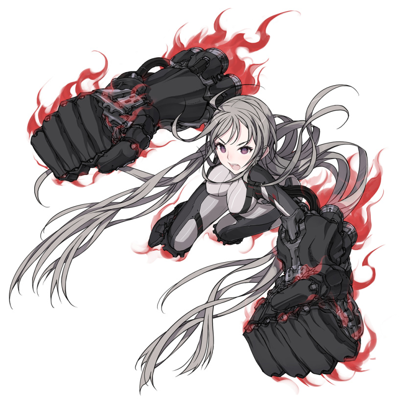 1girl ahoge bodysuit full_body gauntlets glowing greaves grey_hair huge_weapon impossible_clothes kazuoki long_hair open_mouth original simple_background solo very_long_hair violet_eyes weapon white_background
