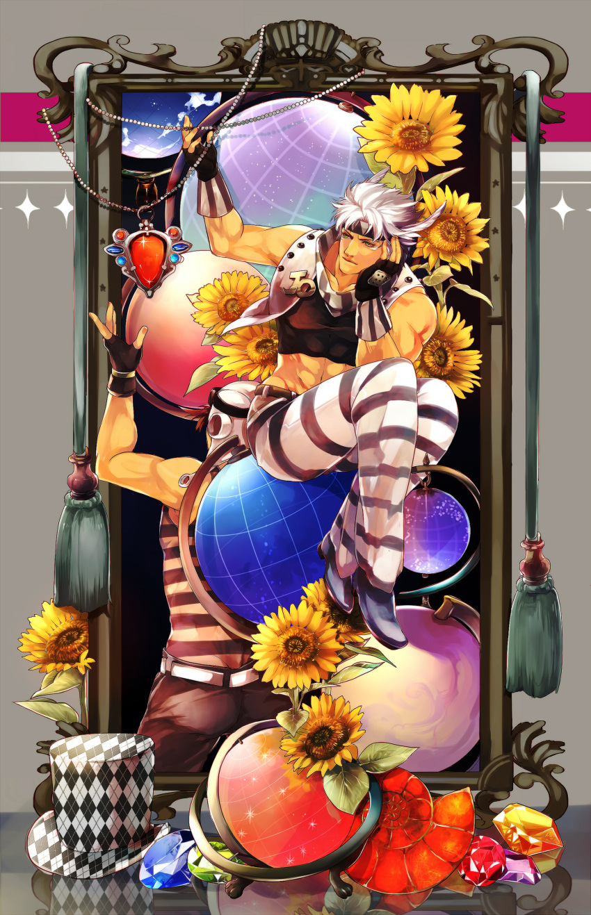 2boys absurdres aviator_cap caesar_anthonio_zeppeli flower gem globe hat hertz_(tsuquart) highres jojo_no_kimyou_na_bouken joseph_joestar_(young) multiple_boys red_stone_of_aja shirt striped striped_shirt sunflower top_hat white_hair