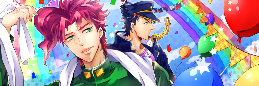 2boys balloon blue_hair confetti flag gakuran green_eyes hat highres jojo_no_kimyou_na_bouken kakyouin_noriaki kuujou_joutarou multiple_boys nogu_(nogujoka) rainbow redhead scarf school_uniform