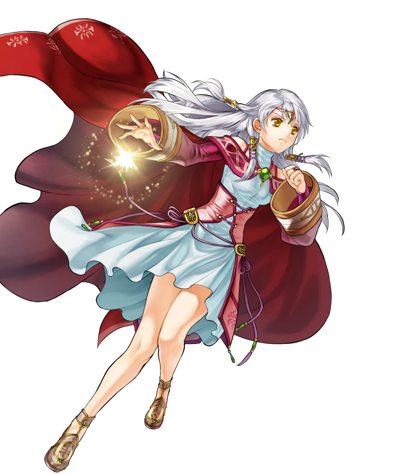 1girl bangs cape circlet clenched_hand closed_mouth dress fire_emblem fire_emblem:_radiant_dawn fire_emblem_heroes full_body grey_background highres kita_senri long_hair magic micaiah non-web_source official_art sandals shiny shiny_hair solo transparent_background white_hair wide_sleeves yellow_eyes