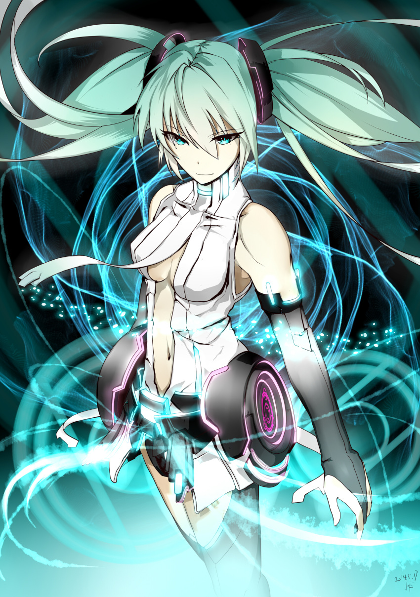1girl 2014 absurdres aqua_eyes bridal_gauntlets center_opening dated floating_hair green_hair hatsune_miku highres miku_append navel shiimai solo thighhighs twintails vocaloid vocaloid_append