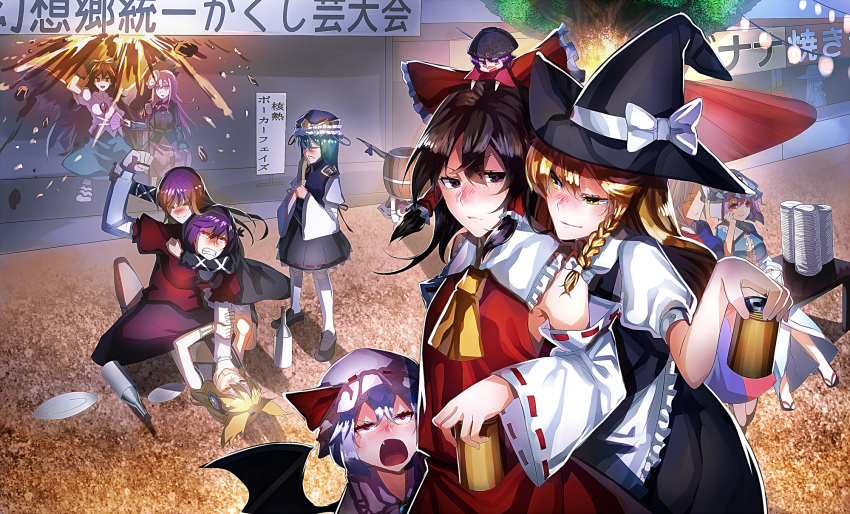 6+girls alcohol ascot bangle barrel bat_wings beer black_hair blonde_hair blue_hair blush bottle bow bowl bracelet braid brown_hair bubble_skirt can cape chain detached_sleeves dress drunk earmuffs explosion fang fighting food fruit gradient_hair green_hair hair_bow hair_ornament hair_tubes hakurei_reimu hat hata_no_kokoro highres hijiri_byakuren hinanawi_tenshi horn_ribbon horns ibuki_suika japanese_clothes jewelry kimono kirisame_marisa long_hair long_sleeves manzai mask microphone minigirl multicolored_hair multiple_girls open_mouth peach pink_eyes pink_hair plaid plaid_shirt plate purple_hair red_eyes reiuji_utsuho remilia_scarlet ribbon rod_of_remorse rope saigyouji_yuyuko sakazuki sake_bottle sash shiki_eiki shirt short_hair silver_hair skirt smile stall strangling sukuna_shinmyoumaru third_eye touhou toyosatomimi_no_miko triangular_headpiece uu_uu_zan violet_eyes wings witch_hat yagokoro_eirin yasaka_kanako yellow_eyes