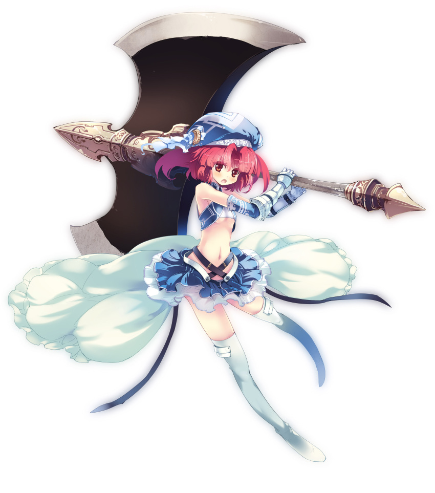 1girl absurdres armor artist_request axe breasts character_request copyright_request full_body hat highres huge_weapon navel open_mouth pink_hair short_hair simple_background sleeveless small_breasts solo thigh-highs under_boob weapon white_background white_legwear