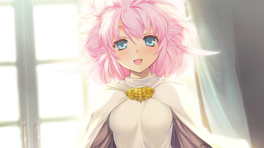 1girl blue_eyes blush breasts game_cg looking_at_viewer open_mouth orion_(orionproject) pink_hair rance_(series) rance_ix short_hair smile solo