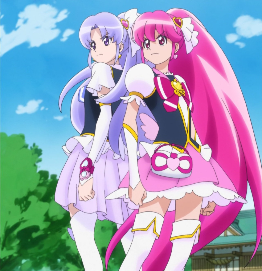 2girls aino_megumi arm_warmers artist_request boots cure_fortune cure_lovely detached_sleeves earrings fingerless_gloves gloves hair_ornament happinesscharge_precure! heart heart_hair_ornament highres hikawa_iona jewelry long_hair looking_afar magical_girl multiple_girls official_art pink_eyes pink_hair pink_skirt ponytail precure puffy_sleeves purple_hair purple_skirt ribbon screencap serious shirt skirt standing thigh-highs thigh_boots thighs vest violet_eyes white_legwear wrist_cuffs zettai_ryouiki