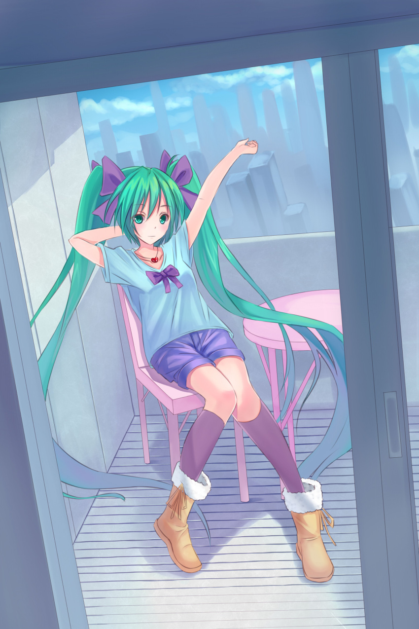 1girl absurdres arm_up boots chair cityscape dutch_angle green_eyes green_hair hair_ribbon hatsune_miku heart highres jewelry kneehighs long_hair necklace ribbon shorts sitting solo twintails very_long_hair vocaloid youxuemingdie