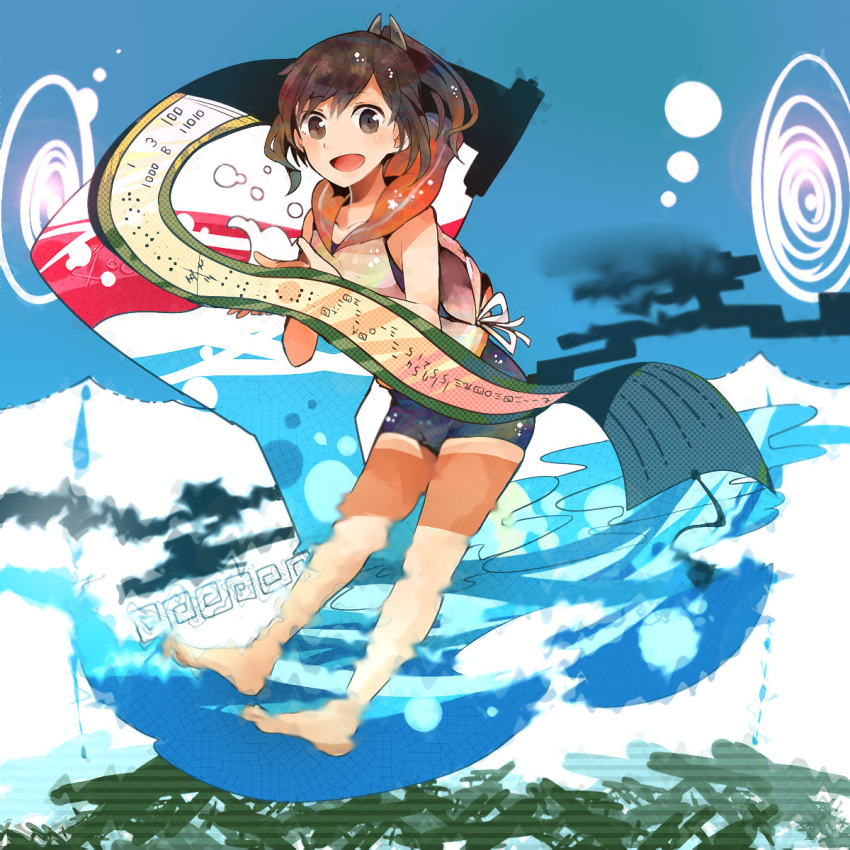 1girl bare_shoulders blouse brown_eyes brown_hair highres i-401_(kantai_collection) itomugi-kun kantai_collection long_hair morse_code one-piece_swimsuit open_mouth personification ponytail sailor_collar school_swimsuit school_uniform scroll short_hair short_ponytail smile solo swimsuit water
