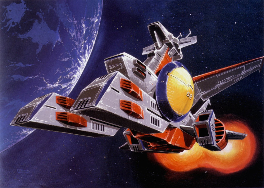 70s earth gundam mobile_suit_gundam official_art oldschool ookawara_kunio production_art promotional_art realistic science_fiction signature space space_craft star_(sky) traditional_media white_base