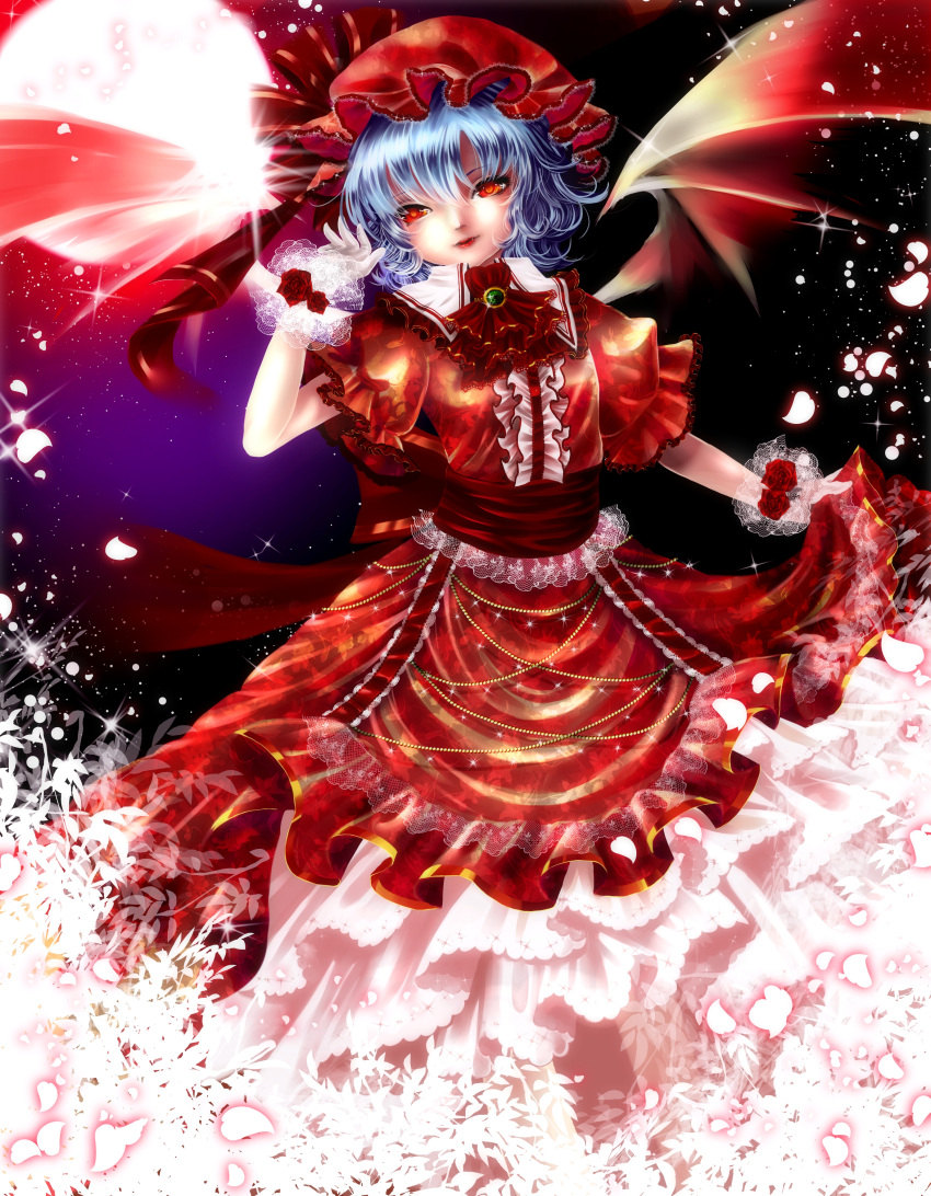 1girl absurdres ascot blue_hair brooch chirarizushi embellished_costume flower frilled_skirt frills full_moon gloves hat hat_ribbon highres jewelry lace_trim lips looking_at_viewer mob_cap moon night outdoors puffy_short_sleeves puffy_sleeves raised_hand red_eyes red_rose remilia_scarlet ribbon rose sash short_hair short_sleeves skirt skirt_hold skirt_set solo sparkle touhou wrist_cuffs