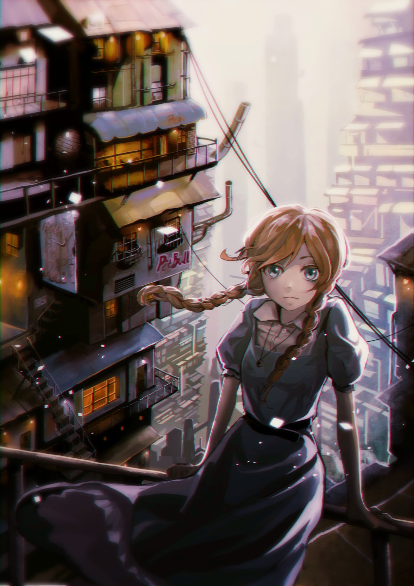 1girl absurdres blue_eyes braid building cityscape dress highres jewelry leaning_back necklace orange_eyes original solo tsukun112 twin_braids