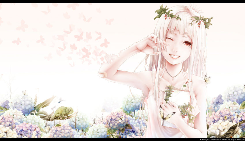 1girl absurdres bare_shoulders bouno_satoshi butterfly chameleon cross cross_necklace crown dragonfly flower frog grin highres jewelry ladybug letterboxed long_hair looking_at_viewer necklace one_eye_closed original smile solo tears wink