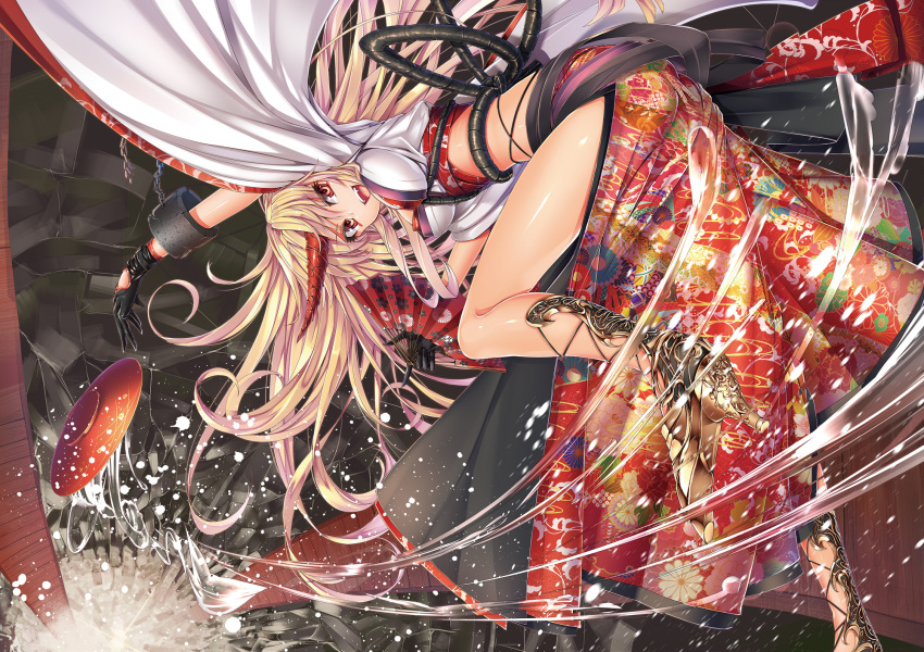 1girl :d blonde_hair bow breasts chain cuffs embellished_costume fan fangs folding_fan gloves high_heels highres horn hoshiguma_yuugi kantarou_(nurumayutei) large_bow large_breasts liquid long_hair looking_at_viewer manacles midriff open_mouth red_eyes sakazuki shackles smile solo touhou wide_sleeves