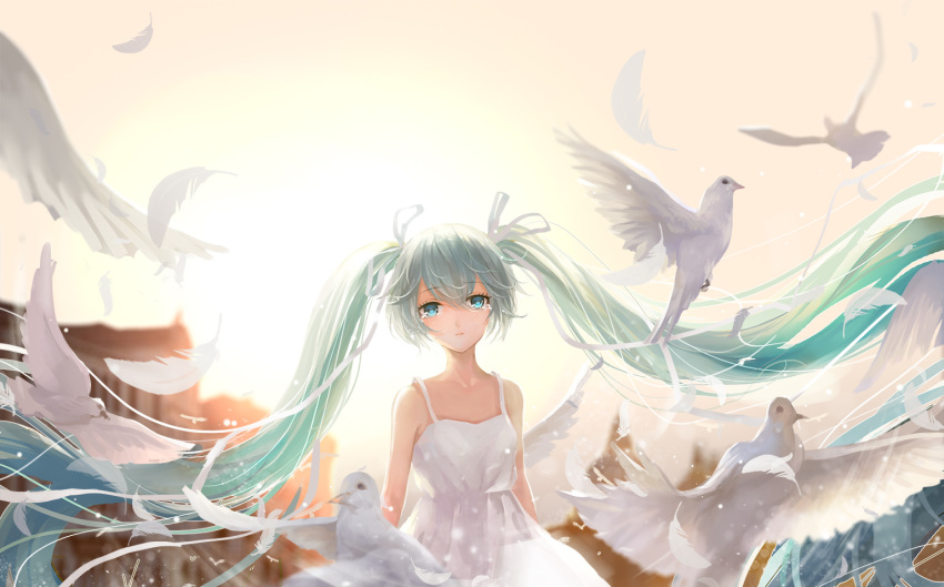 1girl aqua_hair bird blue_eyes crying crying_with_eyes_open dove dress hatsune_miku long_hair solo sundress tears twintails very_long_hair vocaloid wallacexi white_dress