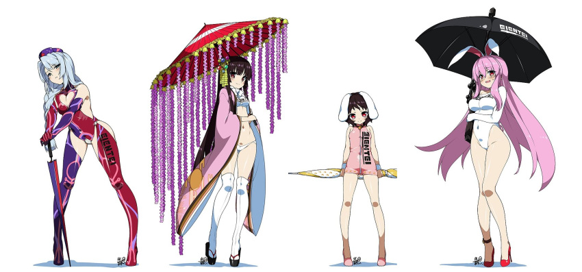 4girls alternate_costume animal_ears anti-materiel_rifle bare_legs barrett_m82 black_hair blue_eyes blush boots braid breasts brown_eyes bunny_tail cleavage_cutout clog_sandals covered_navel gun hair_ornament hat heart heart_cutout high_heels highleg highres holding houraisan_kaguya hyouju_issei inaba_tewi kneehighs large_breasts long_hair looking_at_viewer multiple_girls navel nurse_cap one-piece_swimsuit parted_lips rabbit_ears racequeen red_eyes reisen_udongein_inaba rifle shoes short_hair silver_hair simple_background single_braid smile sniper_rifle standing stitched swimsuit tabi tail thigh-highs thigh_boots touhou umbrella violet_eyes weapon white_background white_legwear white_swimsuit yagokoro_eirin