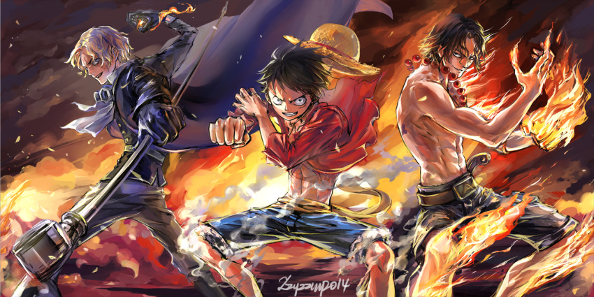 black_hair blonde_hair fire freckles hat jewelry monkey_d_luffy multiple_boys necklace one_piece portgas_d_ace sabo_(one_piece) scar shirtless short_hair smile spoilers straw_hat tattoo zzyzzyy
