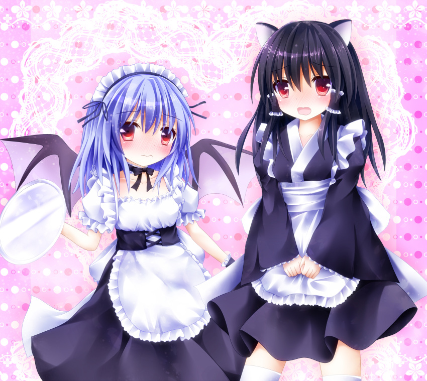 2girls alternate_costume animal_ears apron apron_grab black_hair blue_hair blush cat_ears embarrassed enmaided frown full-face_blush furomaaju_(fromage) hair_tubes hakurei_reimu highres kemonomimi_mode kneehighs lace_border long_hair long_sleeves looking_at_viewer maid maid_apron maid_headdress multiple_girls open_mouth pink_background polka_dot polka_dot_background puffy_short_sleeves puffy_sleeves red_eyes remilia_scarlet short_hair short_sleeves touhou tray v_arms waist_apron white_legwear wrist_cuffs