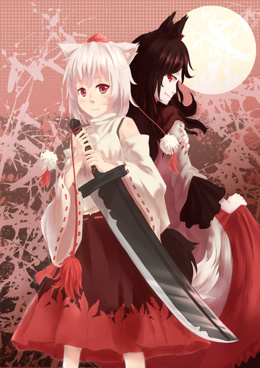 2girls absurdres animal_ears back-to-back brown_hair dao detached_sleeves dress dress_lift fang_out frilled_dress frills full_moon hat highres imaizumi_kagerou inubashiri_momiji leaf_print long_hair looking_back moon multiple_girls red_eyes red_fingernails sarashi short_hair skirt smile sword tail tokin_hat touhou trait_connection weapon white_hair wolf_ears wolf_tail