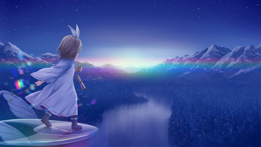 1girl flying forest highres isou_nagi kagamine_rin mountain nature night sky solo star_(sky) starry_sky telescope vocaloid