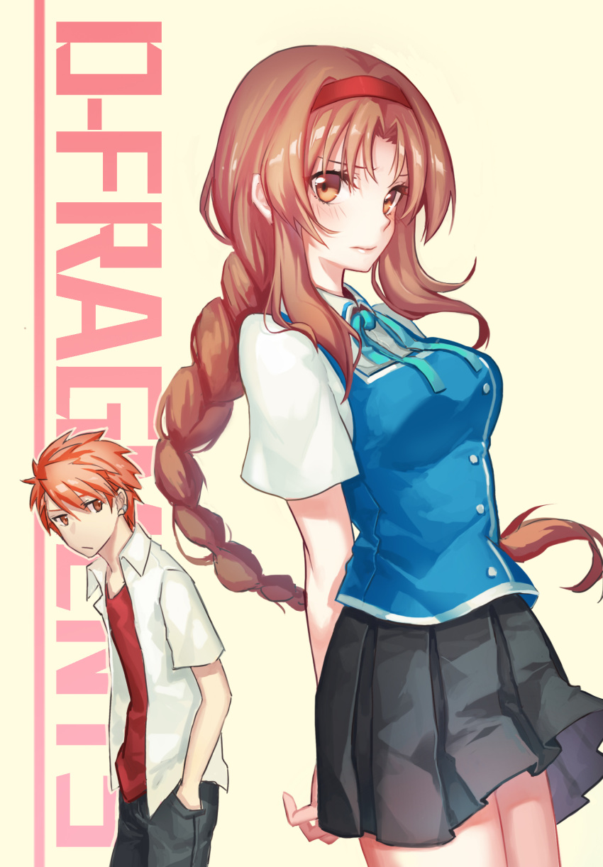 1boy 1girl arms_behind_back brown_eyes brown_hair copyright_name d-frag! denim hairband hands_in_pockets highres jeans kazama_kenji long_hair school_uniform short_hair skirt soul4444 takao_(d-frag!)