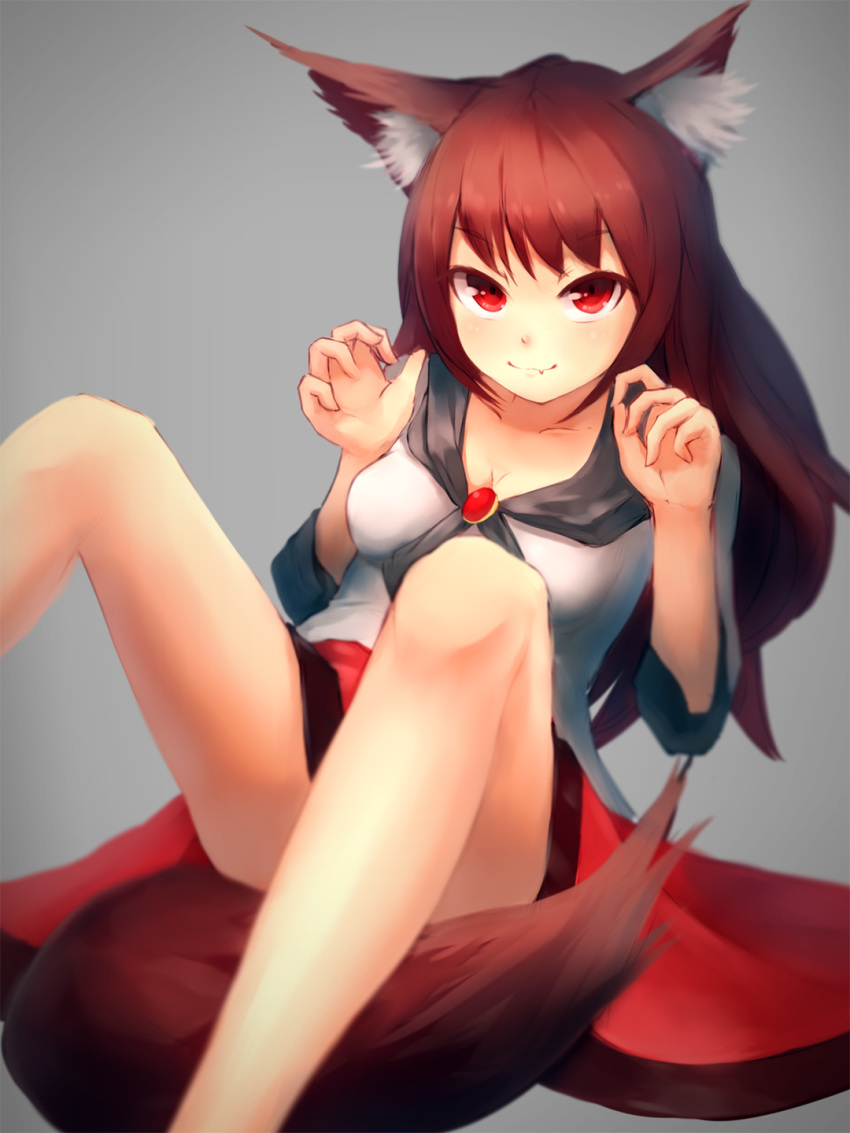 1girl animal_ears brooch brown_hair fang grey_background highres imaizumi_kagerou jewelry layered_dress long_hair long_sleeves looking_at_viewer red_eyes shone simple_background sitting smile solo tail touhou wolf_ears wolf_tail