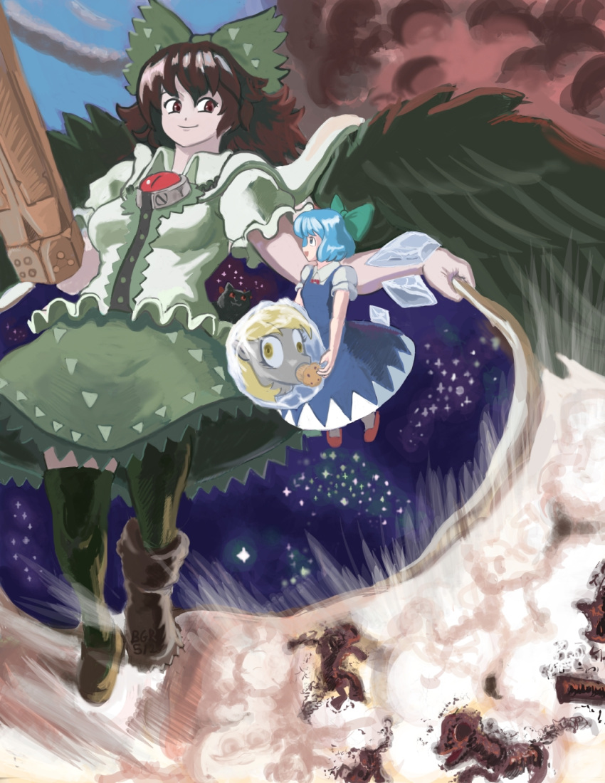 2girls arm_cannon ashes blue_hair bow brown_hair burn_mark burnt cape cat character_request cirno corpse death derpy_hooves disembodied_head dress frilled_skirt frills frozen giantess hair_bow head highres kaenbyou_rin kaenbyou_rin_(cat) long_hair muffin multiple_girls my_little_pony my_little_pony_friendship_is_magic pony profitshame puffy_short_sleeves puffy_sleeves red_eyes reiuji_utsuho short_hair short_sleeves skirt smoke third_eye touhou weapon wings