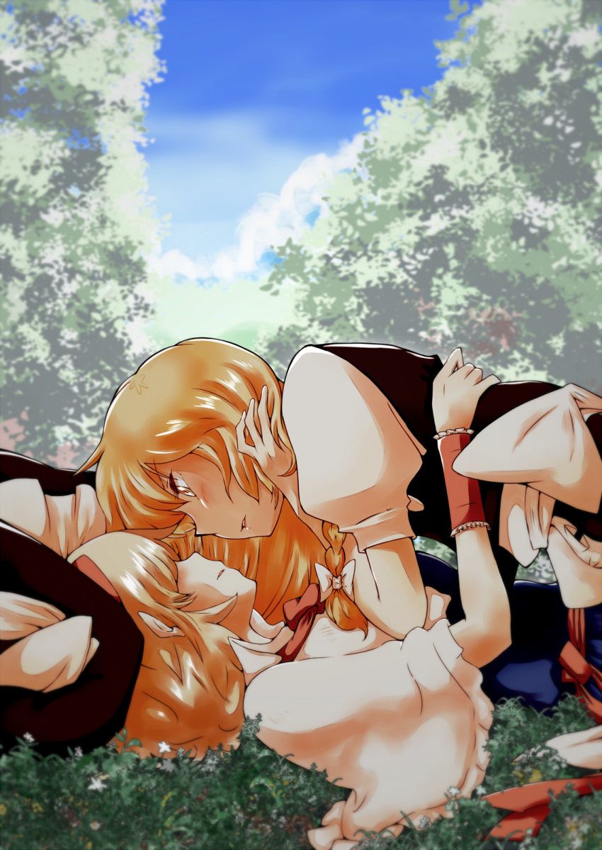 2girls alice_margatroid black_dress blue_dress blue_sky blush braid capelet clouds dress girl_on_top hair_over_eyes hat hat_removed headwear_removed highres incipient_kiss kirisame_marisa lying multiple_girls non_(z-art) on_back puffy_short_sleeves puffy_sleeves short_sleeves single_braid sky touhou tree wrist_cuffs yellow_eyes yuri