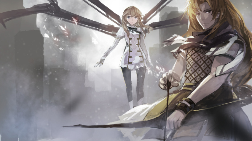 1boy 1girl archer_of_black arrow bow_(weapon) brown_hair fate/apocrypha fate_(series) fiore_forvedge_yggdmillennia highres long_hair pantyhose swd3e2 weapon