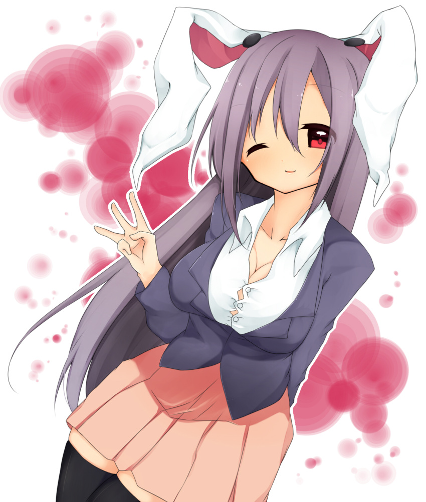 1girl a-iueo animal_ears black_legwear breasts cleavage collarbone highres jacket large_breasts long_hair long_sleeves looking_at_viewer one_eye_closed purple_hair rabbit_ears red_eyes reisen_udongein_inaba shirt skirt smile solo thigh-highs touhou undersized_clothes very_long_hair wink zettai_ryouiki
