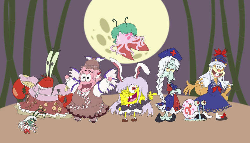 bamboo black_eyes black_hair blue_dress bow buck_teeth cape carrot_necklace claws dress eugene_h._krabs flying frown fujiwara_no_mokou gary green_hair hair_bow hair_ornament hair_ribbon hat houraisan_kaguya inaba_tewi jellyfish kamishirasawa_keine laughing long_hair long_sleeves moon mutokisss mystia_lorelei necktie nurse_cap open_mouth parody patrick_star pink_hair red_eyes reisen_udongein_inaba ribbon sandy_cheeks sheldon_j._plankton shell shoes short_hair silver_hair simple_background skirt smile socks spongebob_squarepants spongebob_squarepants_(character) squidward_tentacles tentacles touhou wings wriggle_nightbug yagokoro_eirin