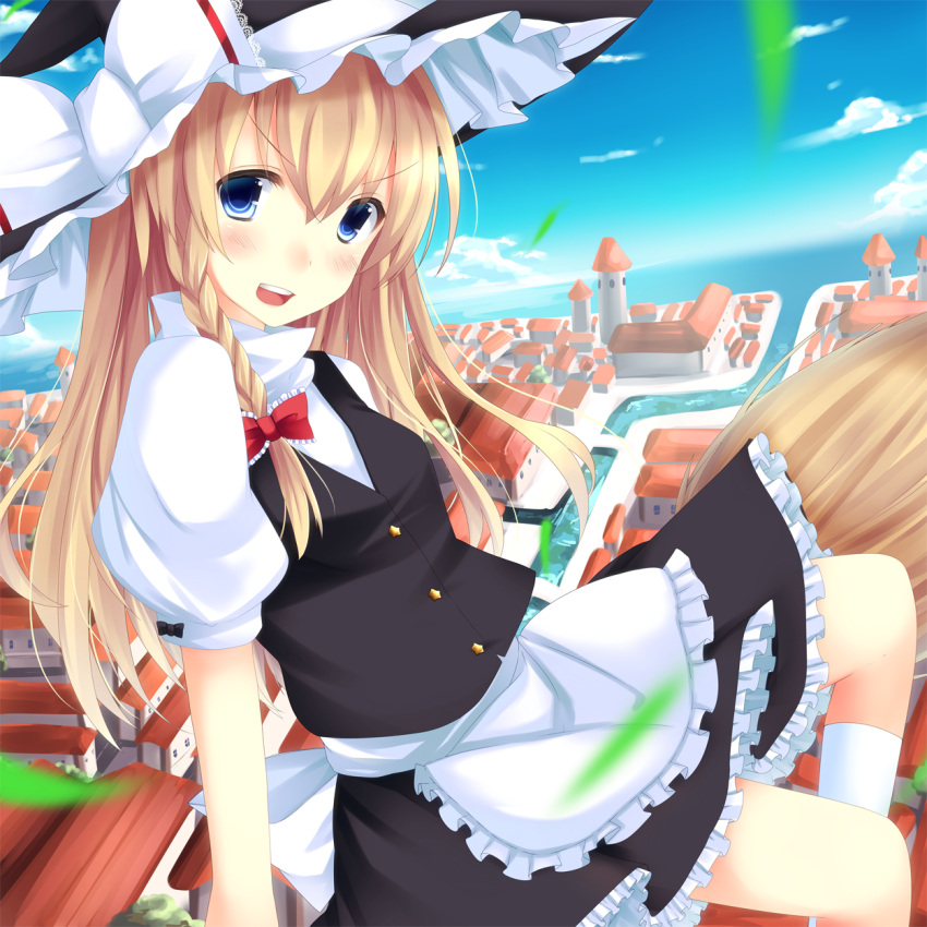 1girl ajiriko apron blonde_hair blue_eyes blue_sky bow braid broom broom_riding canal city clouds hair_bow hat hat_ribbon highres kirisame_marisa knee_up long_hair looking_at_viewer ocean open_mouth puffy_short_sleeves puffy_sleeves ribbon short_sleeves single_braid skirt skirt_set sky solo touhou tower waist_apron witch_hat