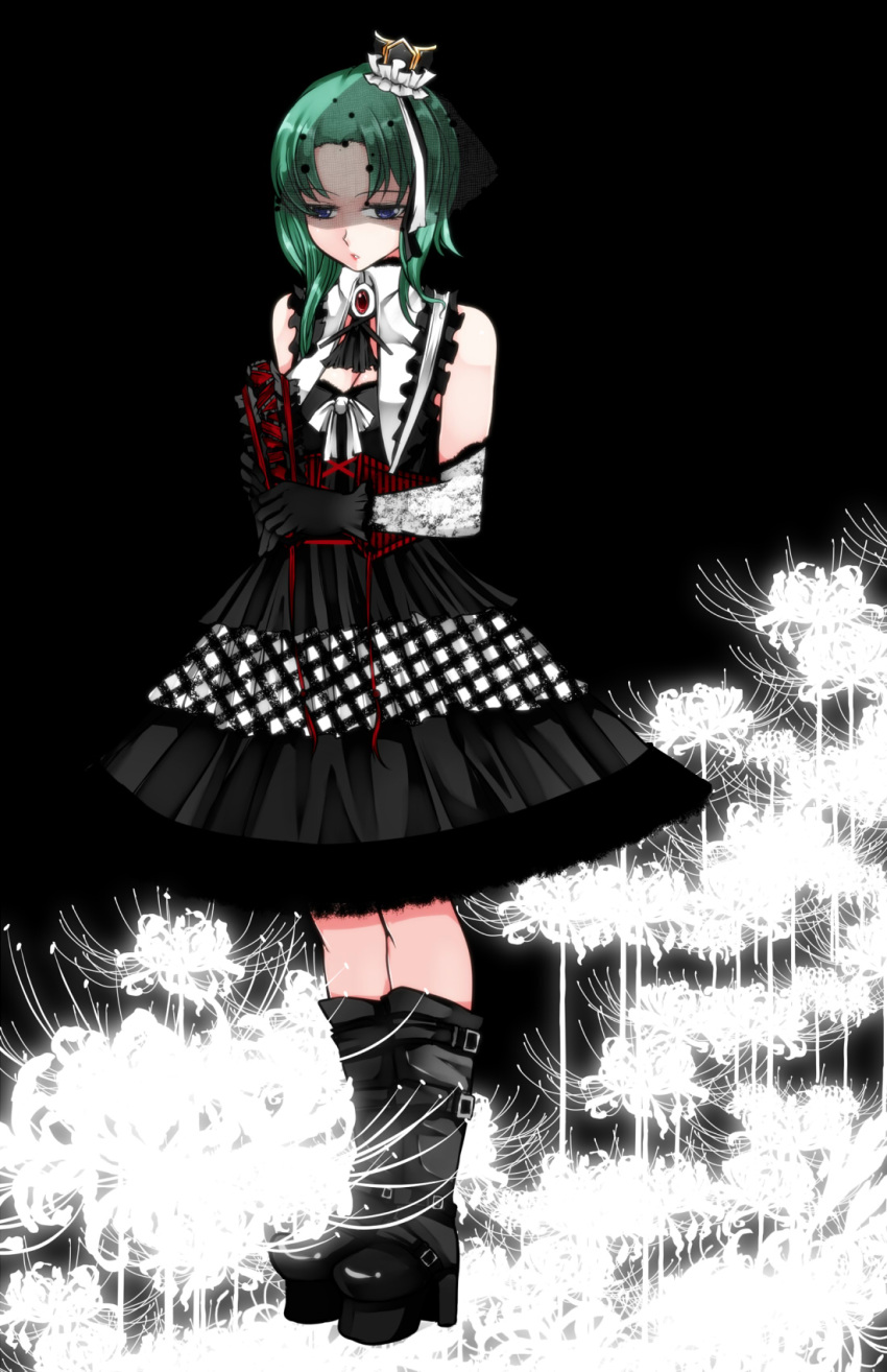 1girl alternate_costume aoshima bare_shoulders black_boots black_dress black_gloves blue_eyes boots corset darkness dress flower gloves gothic_lolita green_hair highres lolita_fashion mini_hat rod_of_remorse shaded_face shiki_eiki solo spider_lily touhou