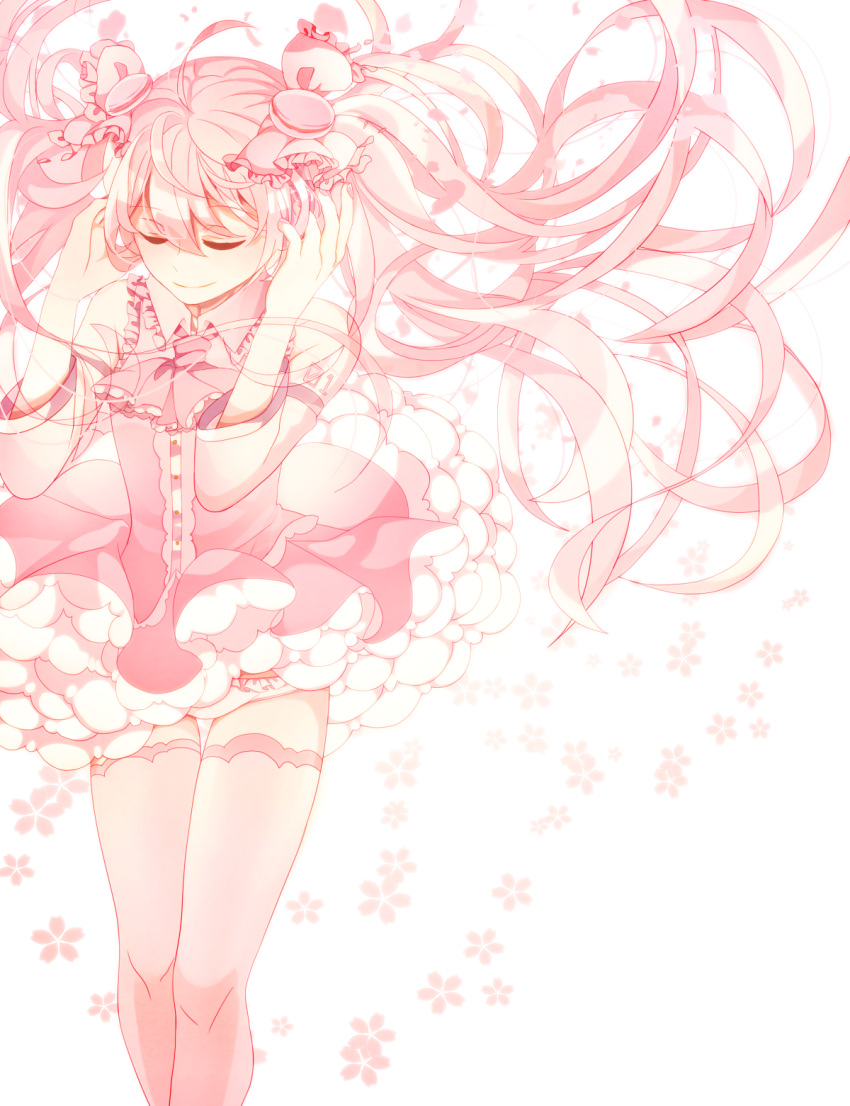 1girl bow closed_eyes detached_sleeves floating_hair hair_bow hatsune_miku highres kurono_kito long_hair pink pink_hair revision sakura_miku simple_background skirt smile solo thigh-highs twintails very_long_hair vocaloid white_background