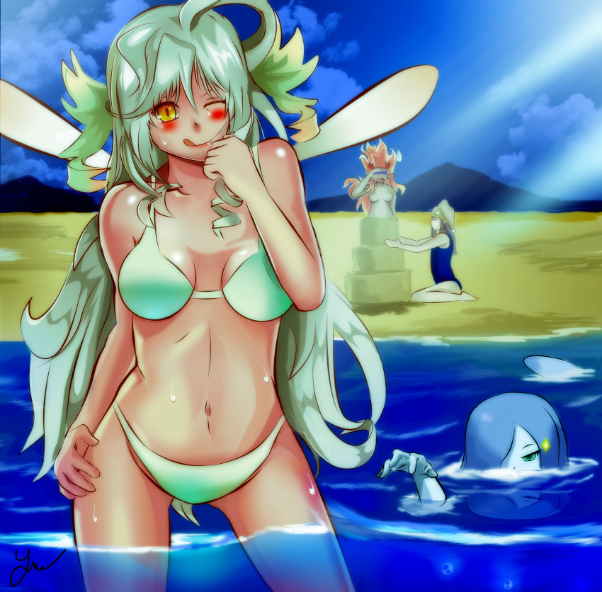 4girls absurdres ahoge alternate_form aqua_eyes artist_name bangs beach bikini blue_hair blush breasts brown_hair cleavage closed_eyes clouds drill_hair facepalm gnome_(mon-musu_quest!) green_hair hair_over_one_eye hand_on_own_thigh hat highres jamjamstyle lips long_hair mon-musu_quest! mound_of_venus mountain multiple_girls navel no_mouth no_nipples nude one-piece_swimsuit one_eye_closed one_eye_covered orange_hair outline parted_bangs partially_submerged payot reflection salamander_(mon-musu_quest!) sand_castle sand_sculpture shadow shiny shiny_skin sky sparkle sunlight sweatdrop swimsuit sylph_(mon-musu_quest!) tail tongue tongue_out undine_(mon-musu_quest!) yellow_eyes