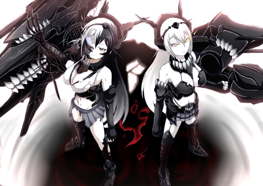 1girl bare_shoulders black_hair breasts cleavage cyborg dark_persona dual_persona elbow_gloves gloves glowing glowing_eyes hairband headgear kantai_collection long_hair multicolored_hair nagato_(kantai_collection) ogawa-syou personification shinkaisei-kan skirt thigh-highs torn_clothes two-tone_hair white_hair yellow_eyes