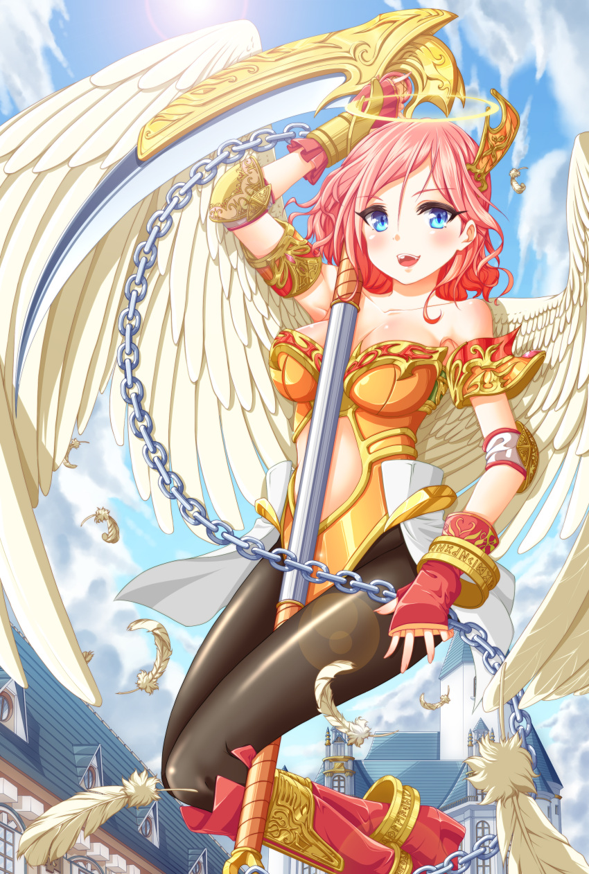 1girl absurdres angel blue_eyes breasts chain cleavage da-mii feathers highres large_breasts original pink_hair scythe sky smile solo wings
