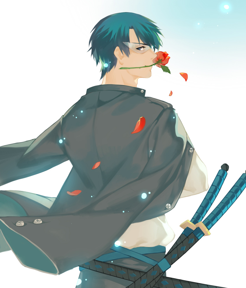 1boy absurdres adapted_costume bishoujo_senshi_sailor_moon black_hair chiba_mamoru contemporary flower highres jacket_on_shoulders joseph_lee male mask mouth_hold profile red_rose rose solo sword tuxedo_kamen weapon