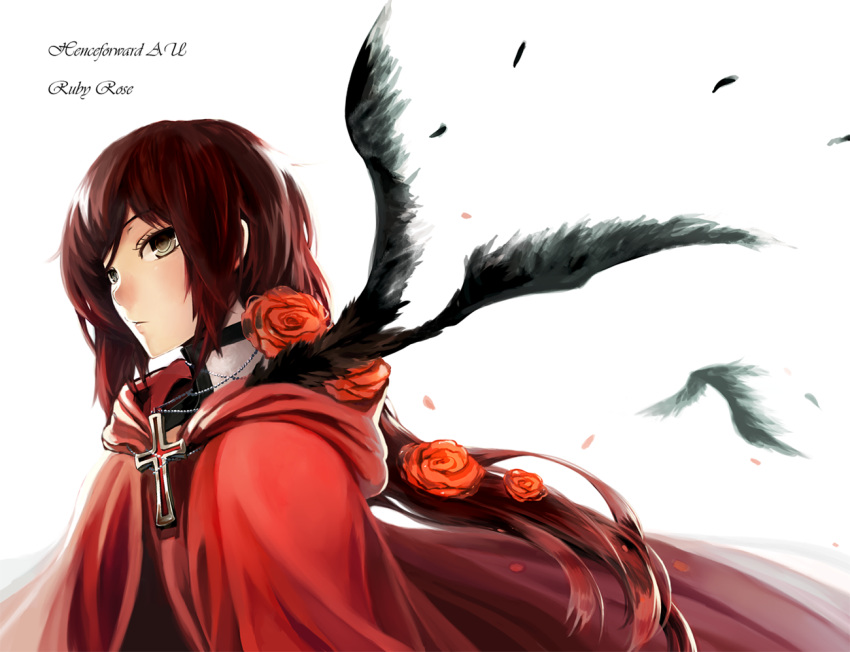 1girl adapted_costume alternate_hair_length alternate_hairstyle bloodycolor character_name cloak cross english feathers flower grey_eyes hooded_cloak long_hair petals raven_(animal) redhead rose rose_petals ruby_rose rwby