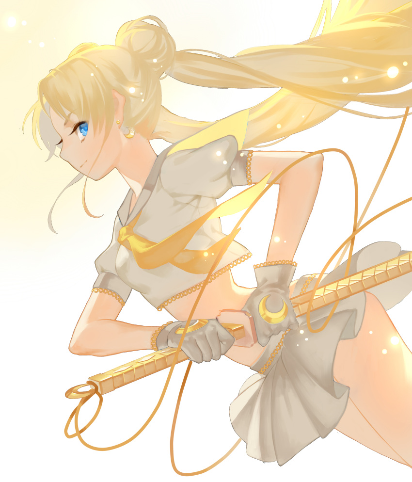 1girl absurdres adapted_costume bishoujo_senshi_sailor_moon blonde_hair blue_eyes double_bun earrings gloves grey_skirt highres jewelry joseph_lee long_hair magical_girl pleated_skirt profile ready_to_draw sailor_collar sailor_moon skirt smile solo sword tsukino_usagi twintails weapon
