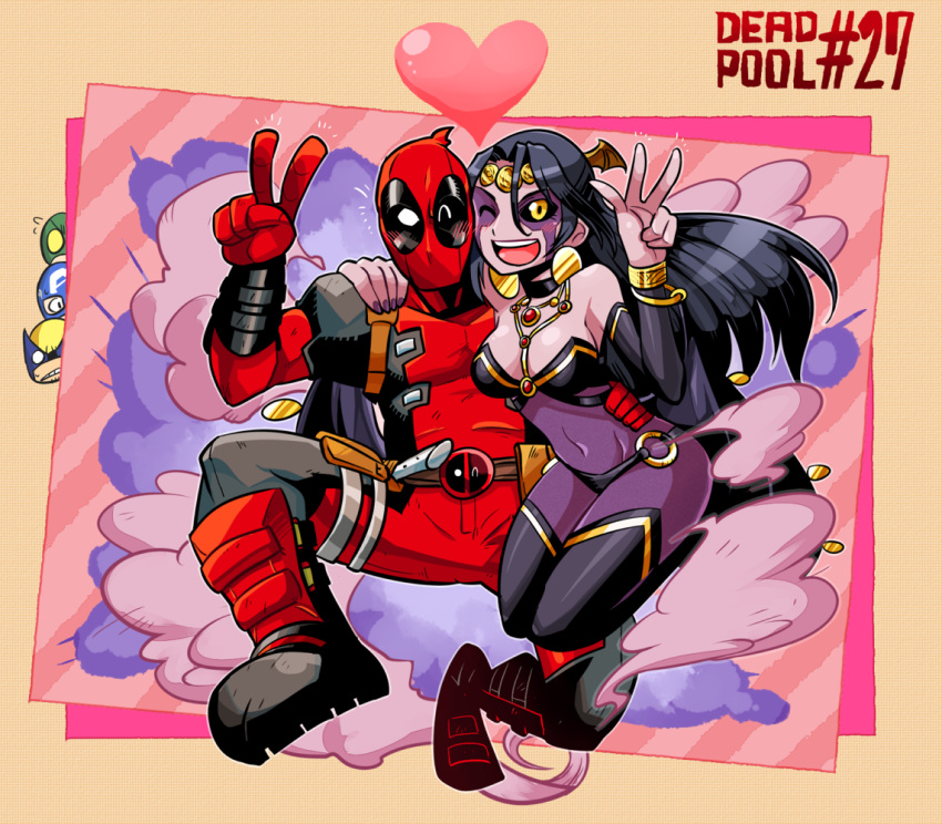 1girl 4boys arm_around_shoulder belt black_hair black_sclera blush boots captain_america character_request chibi_inset couple deadpool detached_sleeves head_wings heart jewelry long_hair marvel mask multiple_boys necklace one_eye_closed rariatto_(ganguri) shiklah smile thigh-highs thigh_boots v wink wolverine yellow_eyes