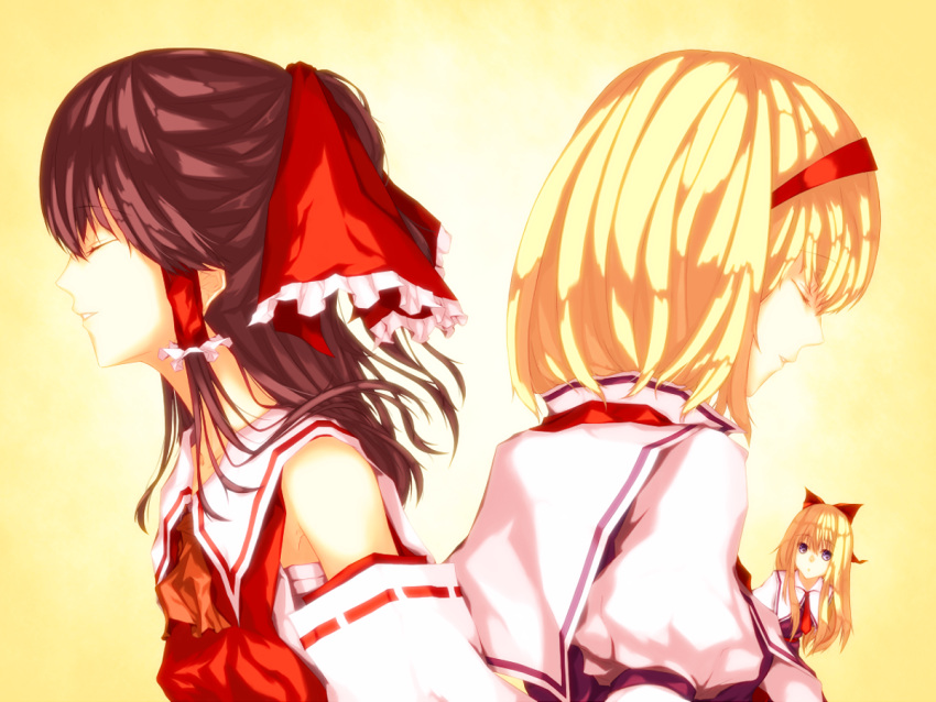 2girls alice_margatroid ascot azusawa_yuu back-to-back blonde_hair blue_eyes bow brown_hair capelet closed_eyes detached_sleeves gradient gradient_background hair_bow hair_tubes hakurei_reimu head_tilt headband long_hair looking_at_viewer multiple_girls necktie parted_lips profile ribbon-trimmed_sleeves ribbon_trim sarashi shanghai_doll short_hair simple_background touhou vest yellow_background