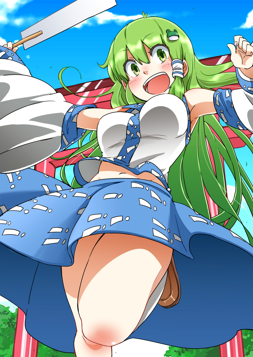 1girl absurdres armpits breasts clouds detached_sleeves from_below gohei green_eyes green_hair highres kagachan kochiya_sanae loafers long_hair looking_at_viewer midriff navel open_mouth outdoors outstretched_arms shoes sky solo spread_arms standing standing_on_one_leg thighs torii touhou upskirt
