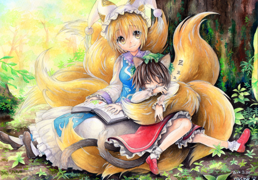 2girls :3 animal_ears blonde_hair bobby_socks book brown_hair cat_ears chen closed_eyes dated forest fox_tail frilled_skirt frills hat loafers long_sleeves looking_at_viewer mosho moss multiple_girls multiple_tails nature outdoors shoes short_hair signature sitting skirt sleeping sleeping_on_person socks tabard tail touhou tree two_tails yakumo_ran yellow_eyes