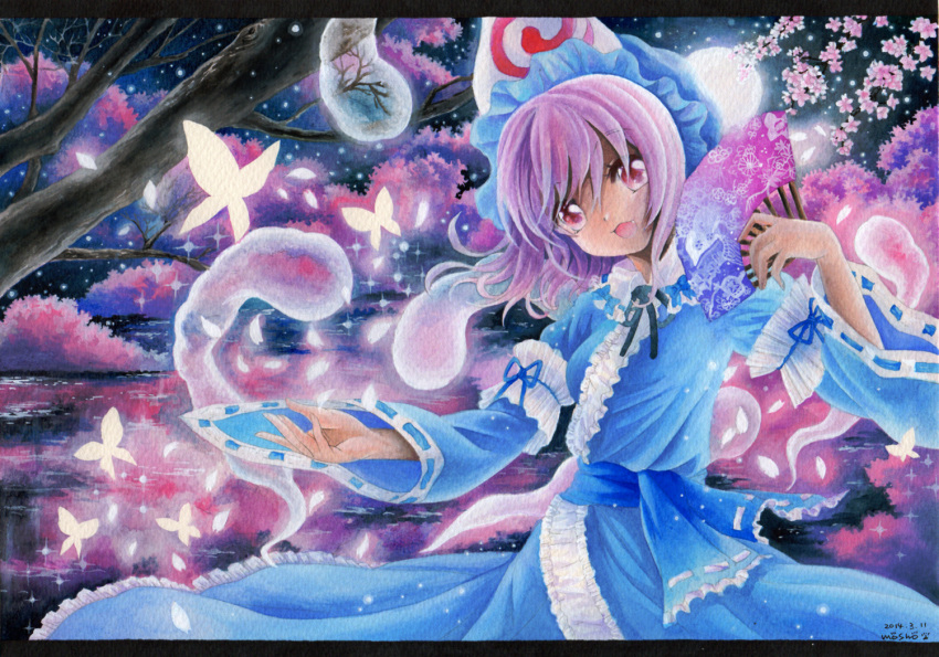 1girl :d artist_name butterfly cherry_blossoms cherry_trees dated fan fang folding_fan frilled_kimono ghost japanese_clothes kimono light_particles mob_cap mosho night open_mouth pink_eyes pink_hair saigyouji_yuyuko saigyouji_yuyuko's_fan_design short_hair smile touhou triangular_headpiece younger