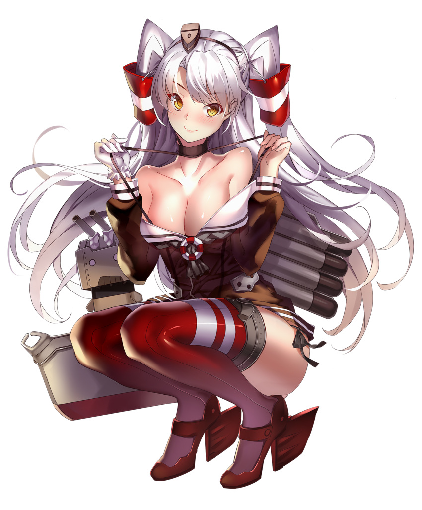 1girl amatsukaze_(kantai_collection) bare_shoulders black_panties blush breasts choker cleavage garter_straps hair_ornament highres kantai_collection long_hair miyazaki_byou panties red_legwear rensouhou-kun school_uniform serafuku side-tie_panties silver_hair simple_background smile solo squatting striped striped_legwear thigh-highs twintails underwear white_background yellow_eyes